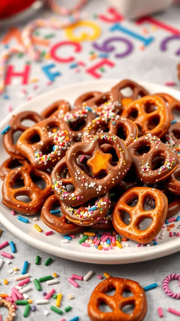 A plate of chocolate-covered pretzels with colorful sprinkles