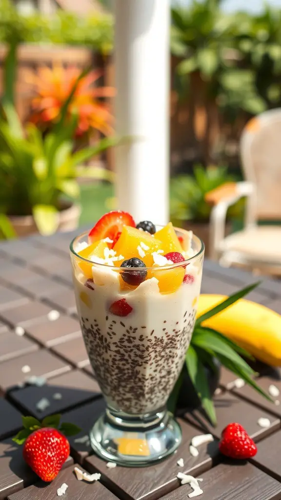 A glass of chia seed pudding topped with tropical fruits like strawberries, blueberries, and mango.
