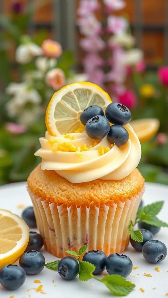 Cupcake with lemon frosting, blueberries, and lemon slice on a plate