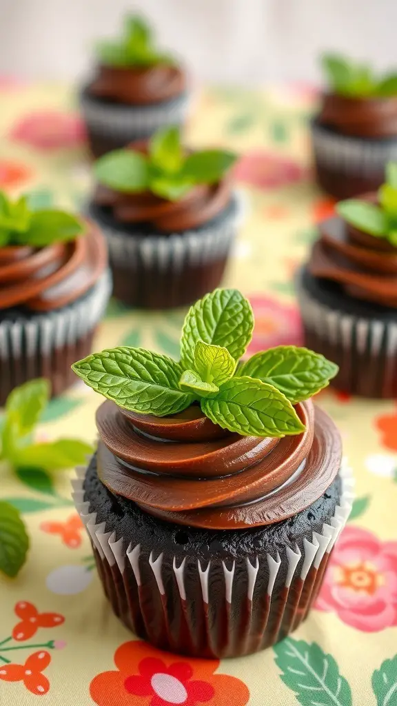 Chocolate mint cupcakes with chocolate frosting and mint leaves on a floral background