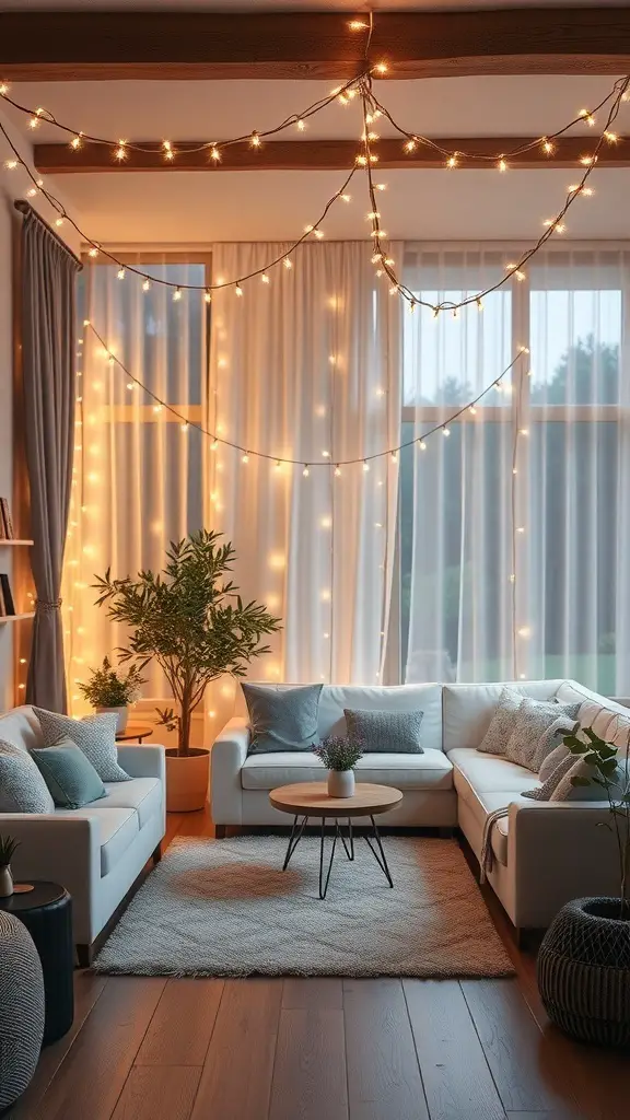Cozy living room decorated with string lights for Valentine's Day