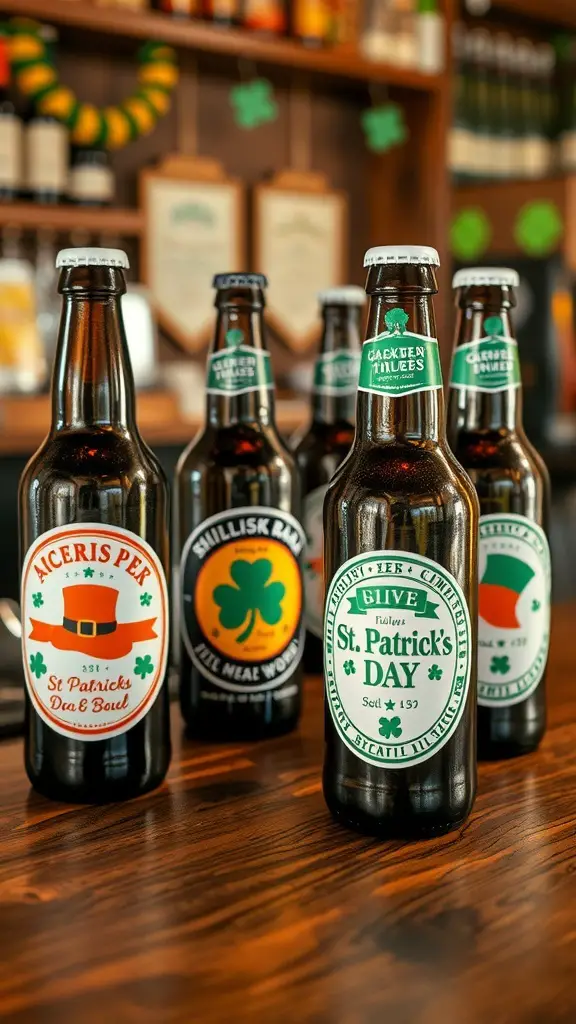 Various beer bottles with colorful St. Patrick's Day labels on a wooden table