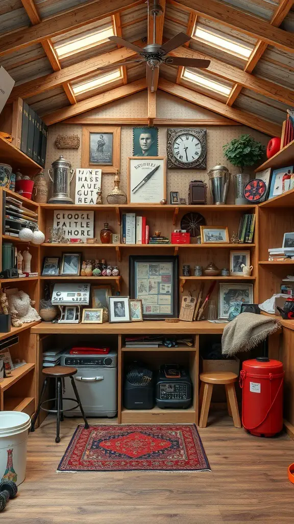 A cozy hobby shed filled with collectibles and personal memorabilia.