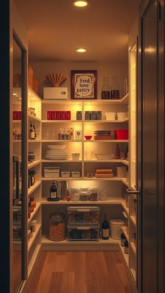 27+ Creative Corner Kitchen Pantry Ideas to Maximize Your Space 4 A well-organized corner kitchen pantry with shelves filled with various items, illuminated by warm lighting.