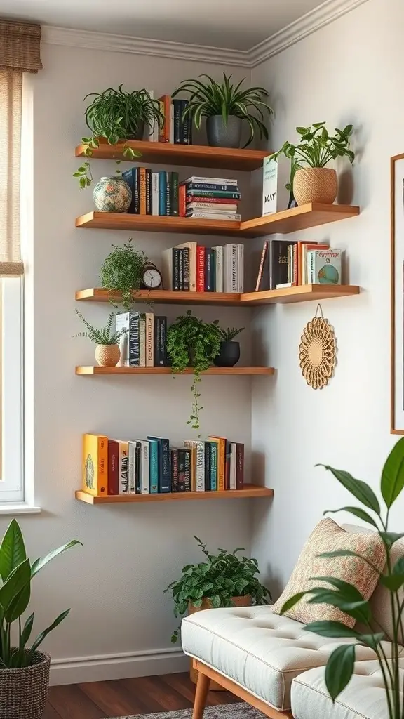 A cozy corner with floating shelves displaying books and plants.