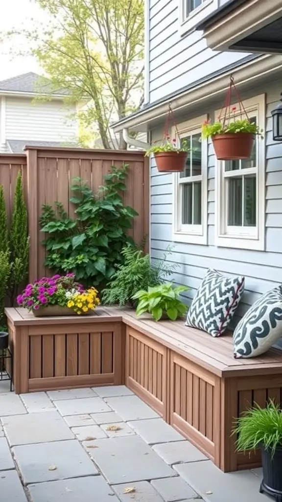 Cozy patio corner with built-in planter boxes and storage, featuring colorful flowers and cushions.