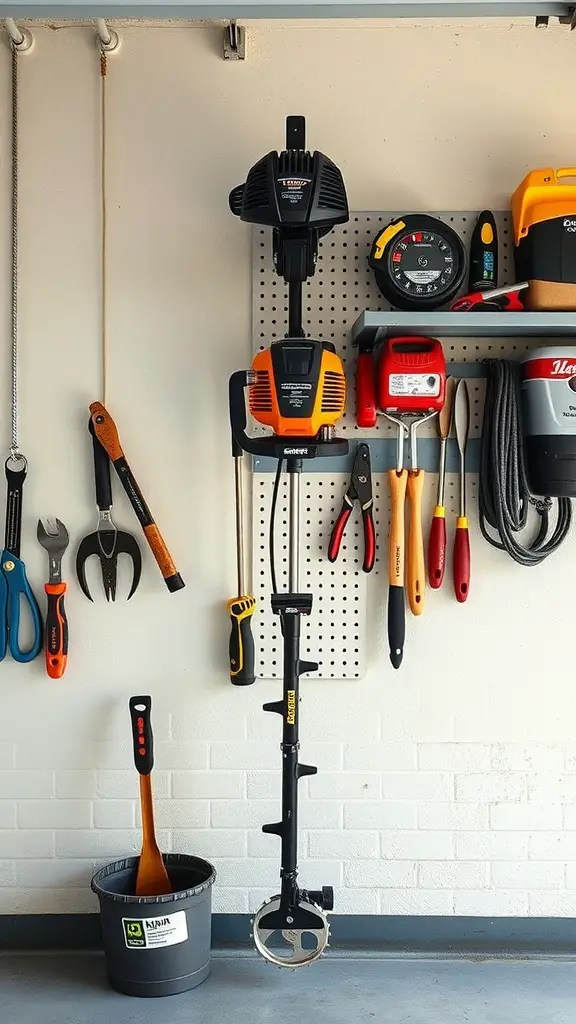 A well-organized garage wall with a weedeater and various gardening tools mounted on a pegboard.