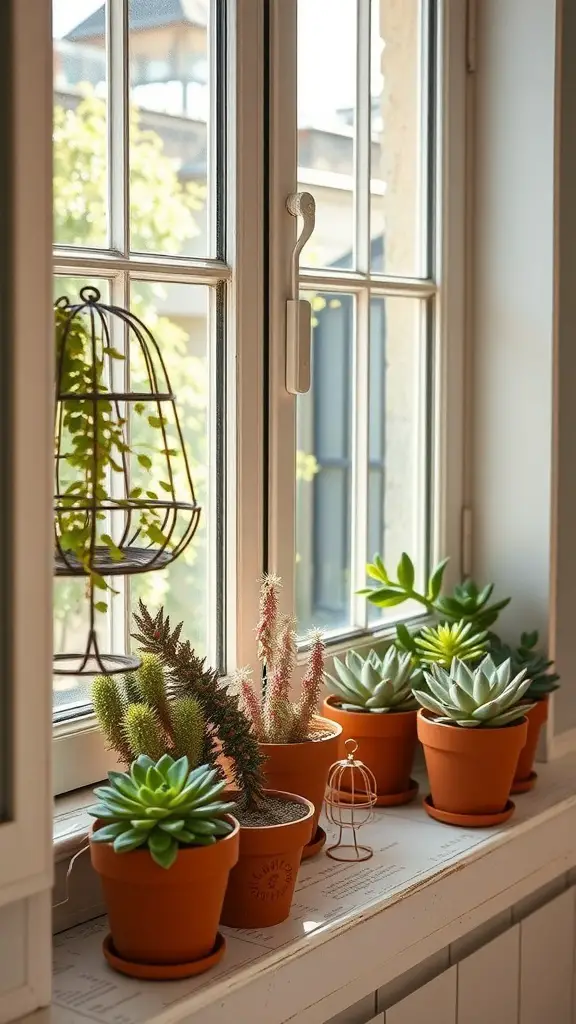Terracotta pots with various succulents on a windowsill