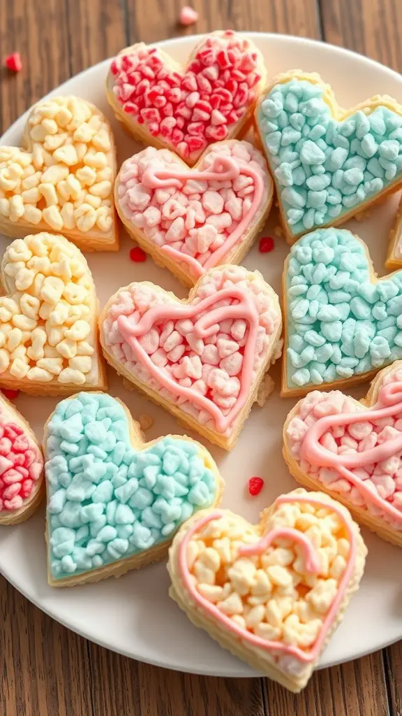 Colorful heart-shaped Rice Krispie Treats decorated for Valentine's Day