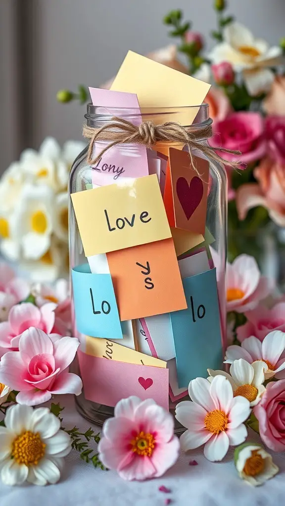 A jar filled with colorful love notes surrounded by flowers.