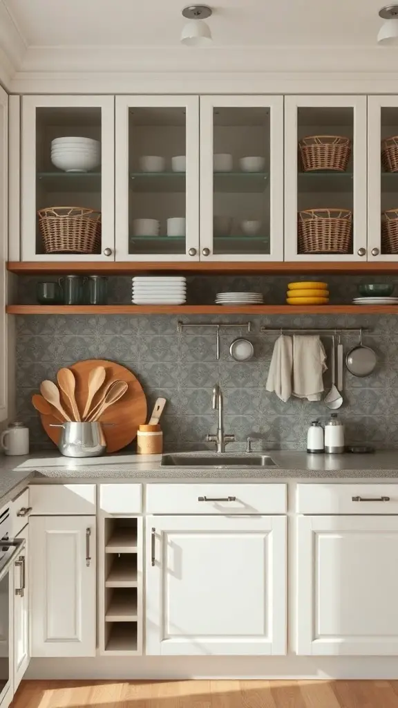 A stylish kitchen with glass-front cabinets, woven baskets, open shelving, and organized utensils.