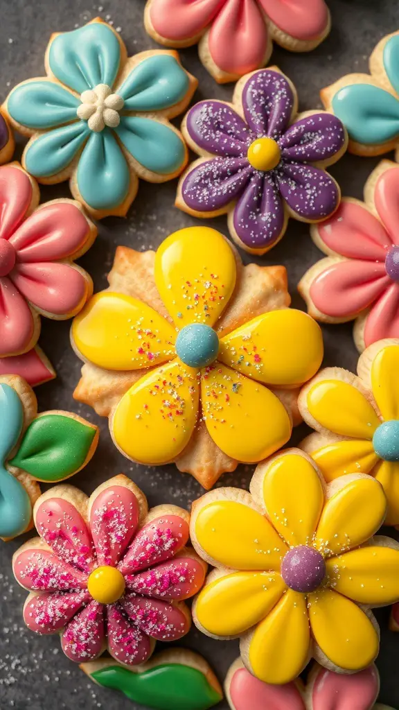 Colorful spring flower sugar cookies decorated with icing and sprinkles.