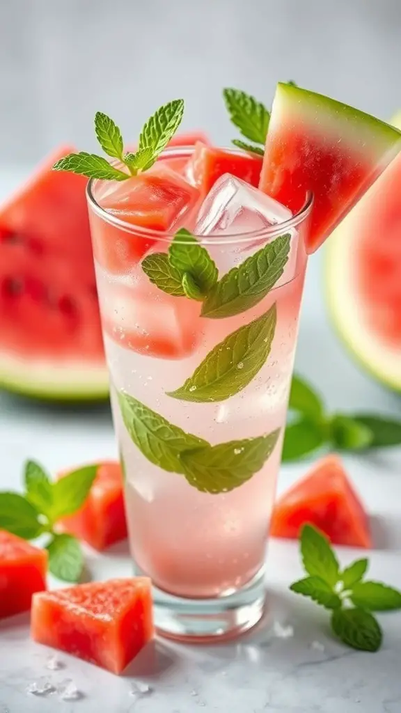 A refreshing Minted Watermelon Splash mocktail with mint leaves and watermelon slices