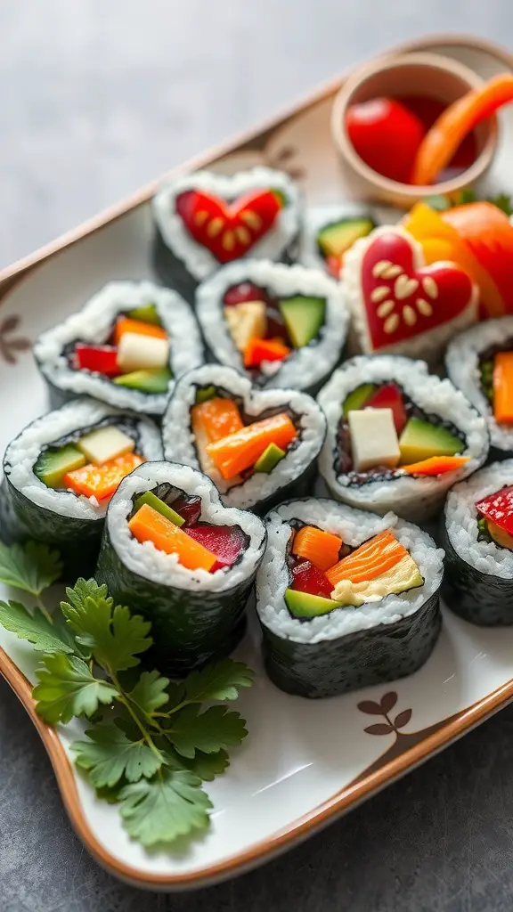 Colorful Valentine's Day sushi rolls arranged on a plate, featuring heart shapes and fresh vegetables.
