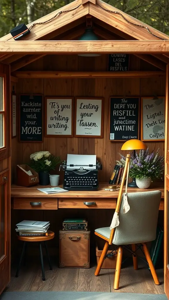 29+ Creative She Shed Ideas for Small Spaces 11 Cozy interior of a creative writing shed with a typewriter and motivational quotes