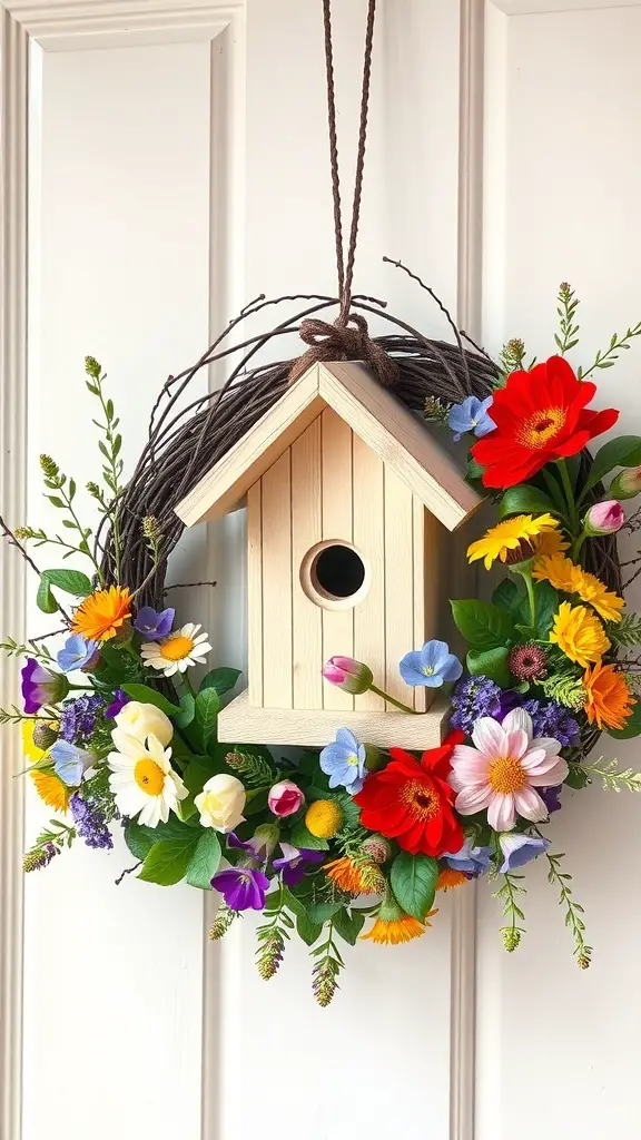 A charming birdhouse wreath adorned with colorful flowers, hanging on a door.