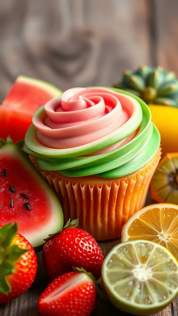 Colorful watermelon slice cupcakes surrounded by fresh fruits