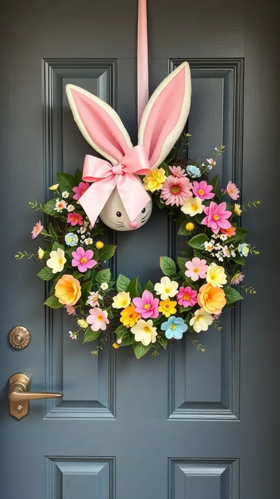 A bunny-themed wreath with flowers and a pink bow hanging on a door.