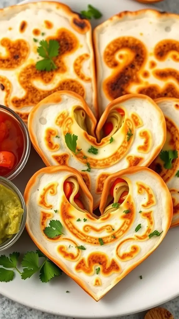 Heart-shaped quesadillas with cheese and vegetables, served with salsa and guacamole.