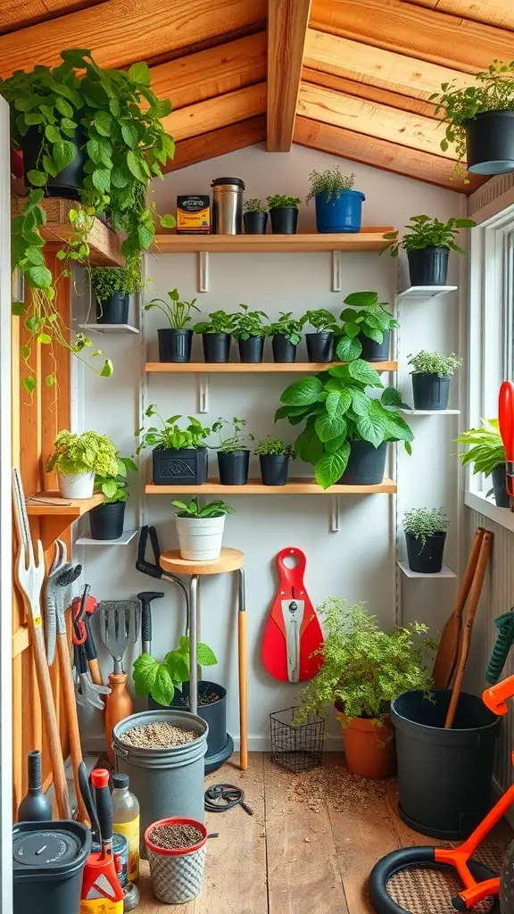 A cozy shed with vertical gardening solutions, featuring shelves filled with various plants and gardening tools.