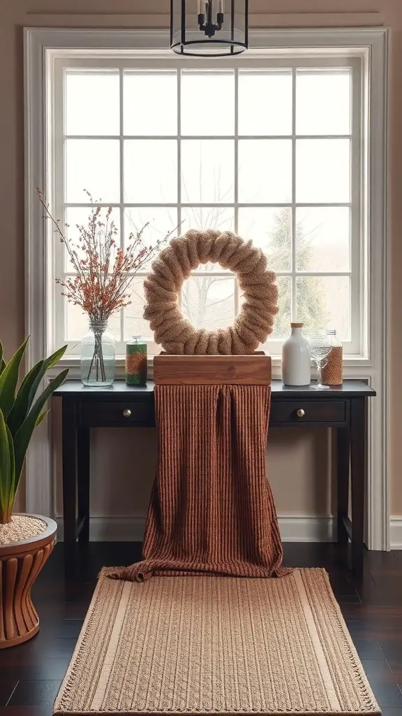 A cozy entryway table with layered textures, featuring a knitted throw, a woven rug, and a vase with dried flowers.