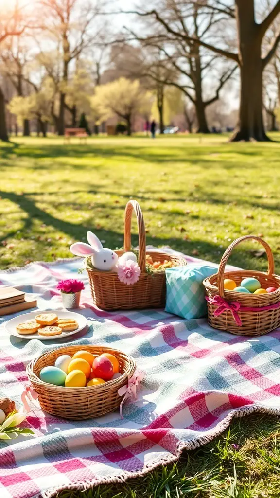 A sunny outdoor picnic setup for Easter with colorful eggs, baskets, and snacks on a blanket.