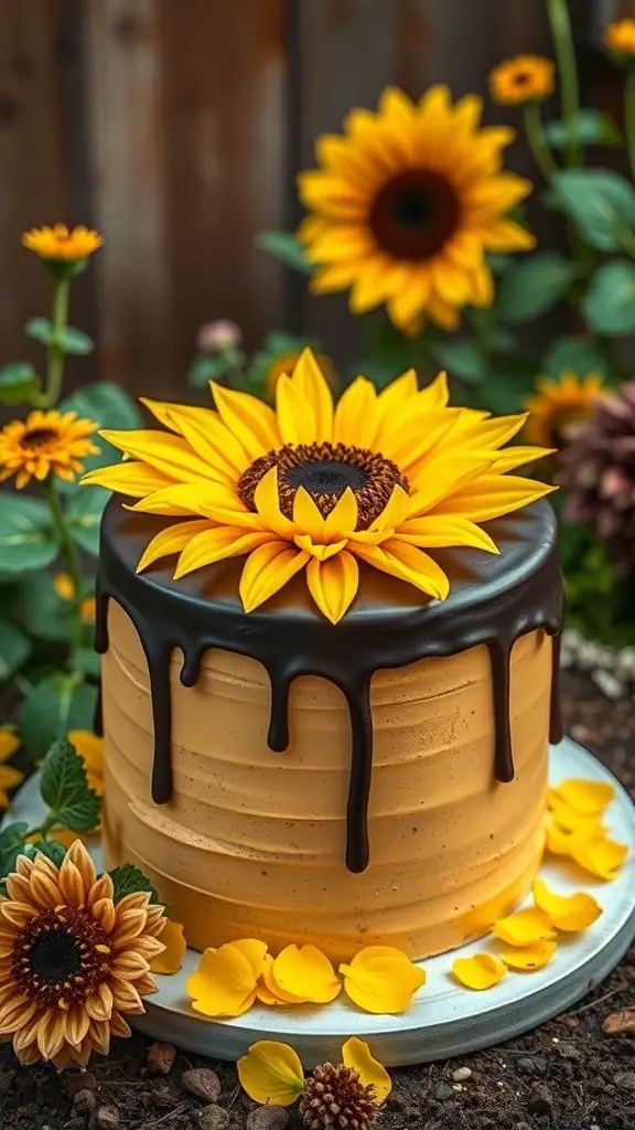 A beautifully decorated sunflower cake with chocolate ganache, surrounded by real sunflowers.