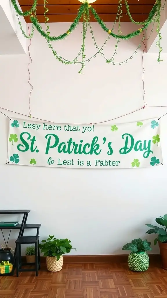 A colorful St. Patrick's Day banner with shamrocks and greenery.