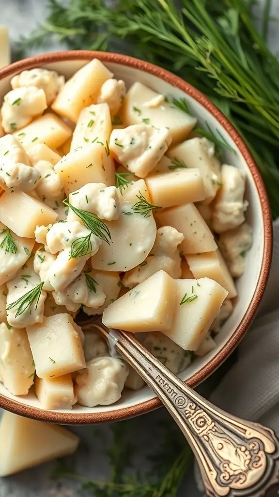 Bowl of classic potato salad with dill, featuring diced potatoes and creamy dressing.