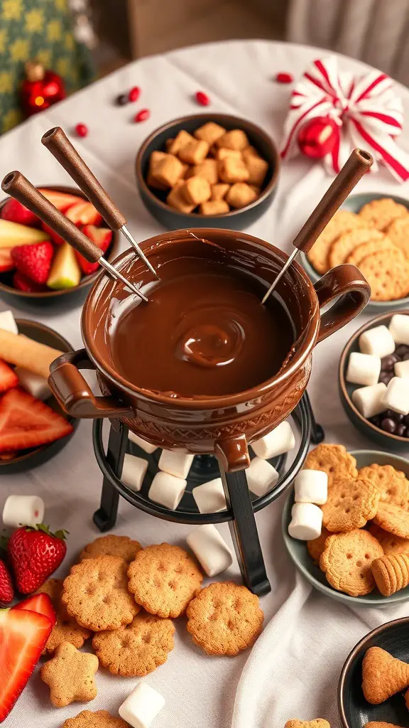 29+ Irresistible Valentine Dessert Ideas You Need to Try 16 A chocolate fondue pot surrounded by assorted dippers including strawberries, cookies, and marshmallows.