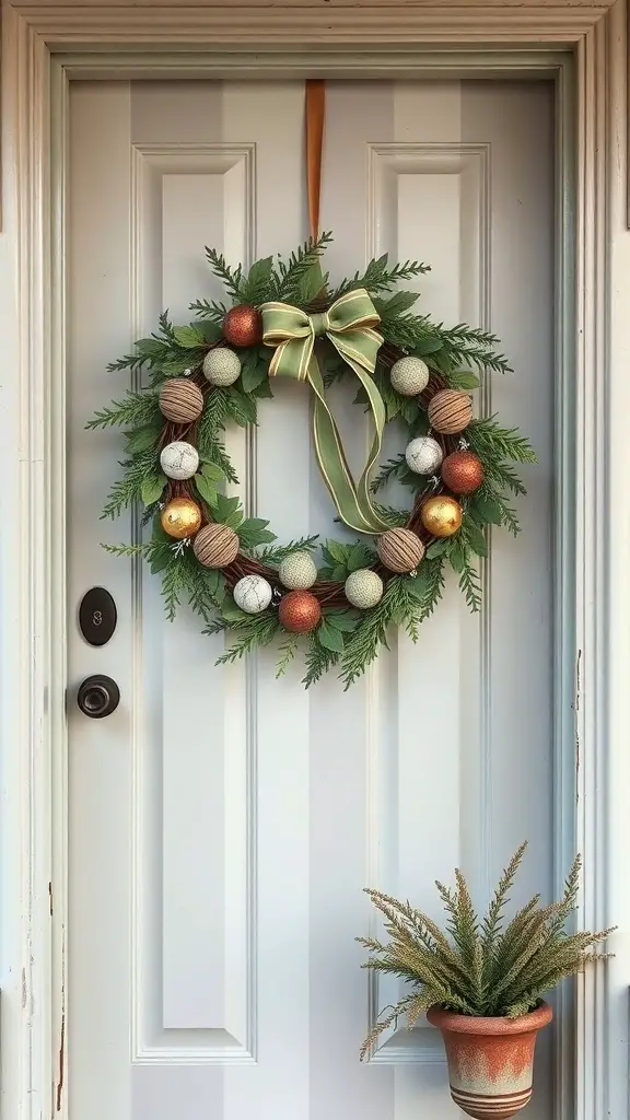 A vintage St. Patrick's Day wreath with greenery and decorative ornaments on a door.