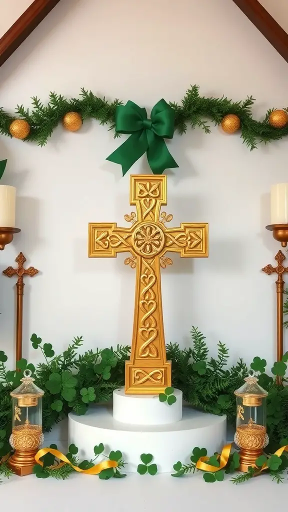 A golden Celtic cross surrounded by shamrocks and festive decorations for St. Patrick's Day.