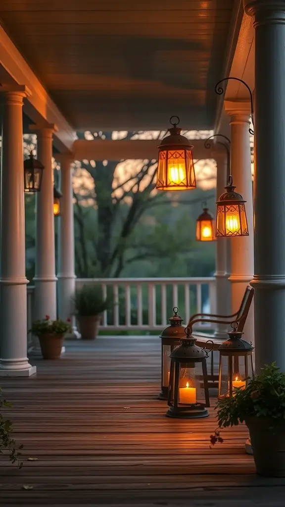 A porch with hanging lanterns and candles, creating a warm and inviting atmosphere.