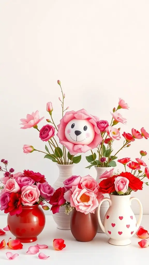 Colorful floral arrangements with a bear face flower and heart-patterned vase.