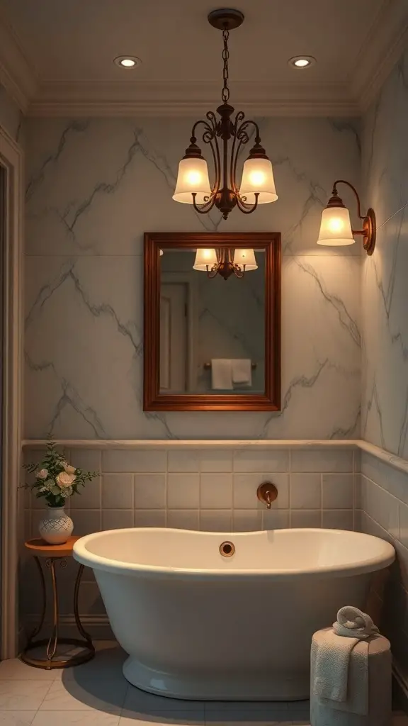 29+ Adorable Valentine Bathroom Decor Ideas for a Romantic Touch 10 A beautifully lit bathroom featuring a chandelier and marble walls.
