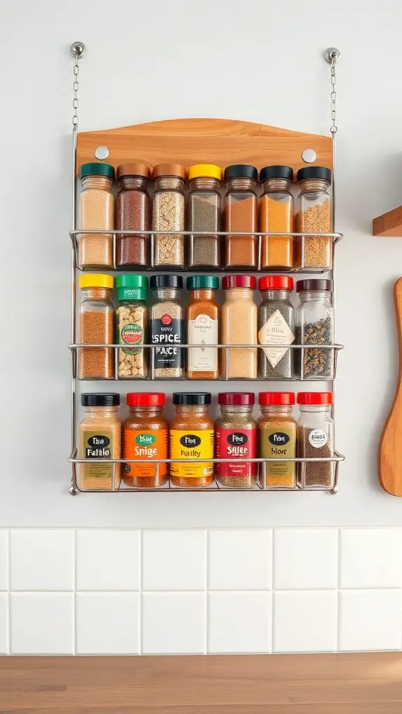 A wall-mounted spice rack with various spice jars organized neatly.