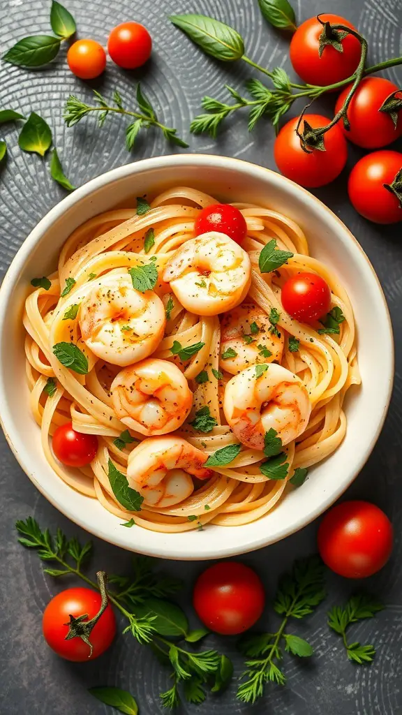 A bowl of garlic butter shrimp pasta with cherry tomatoes and herbs