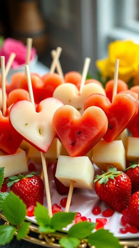 Heart-shaped fruit skewers made with watermelon, apples, and strawberries, arranged on a platter.