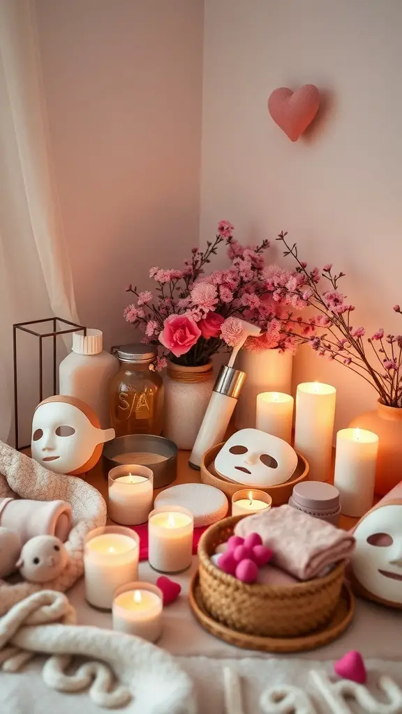 A cozy self-care station with candles, skincare products, and flowers for relaxation.