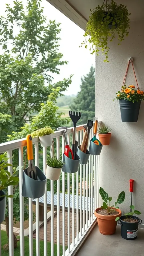 29+ Creative Balcony Storage Ideas 4 A balcony with hanging organizers for tools and plants