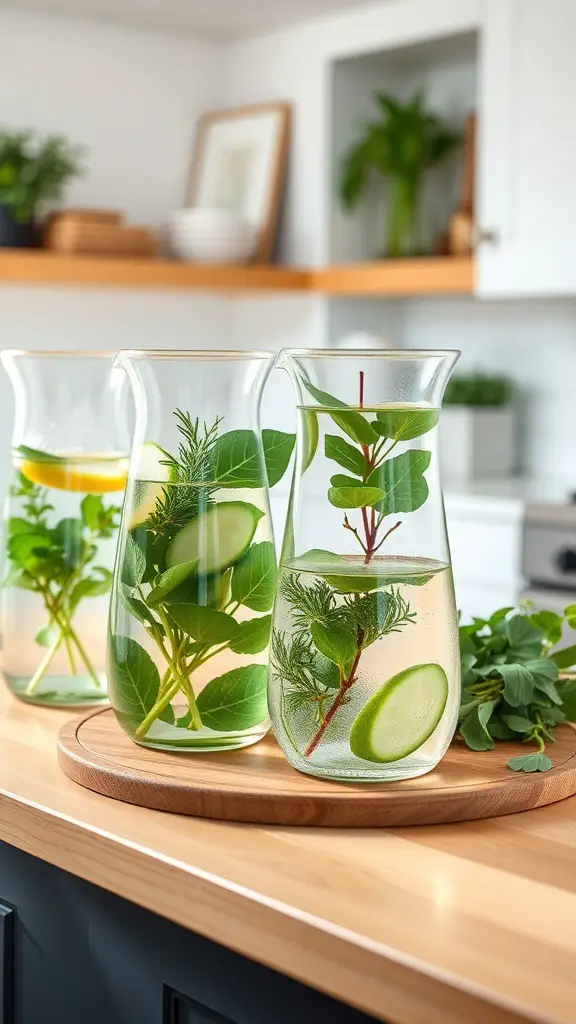A display of herbal infused water in glass pitchers with fresh herbs and fruits on a wooden tray.