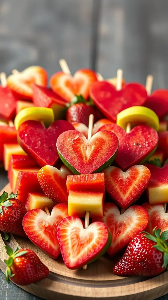 Colorful fruit kabobs with heart-shaped pieces of watermelon and strawberries on skewers.