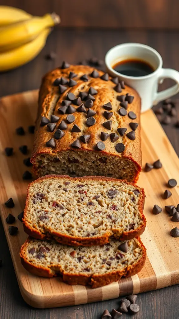 47+ Must-Try Easter Brunch Ideas for a Festive Celebration 14 A loaf of chocolate chip banana bread sliced on a wooden board with chocolate chips scattered around and a cup of coffee in the background.