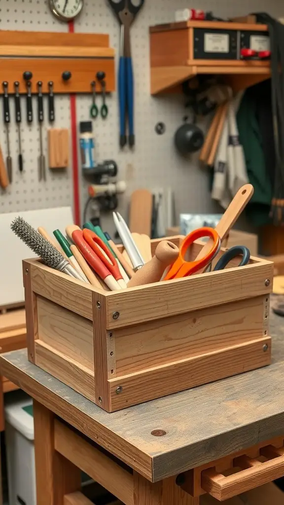 29+ Creative Bin Organization Ideas 8 A wooden bin filled with various tools on a workbench.