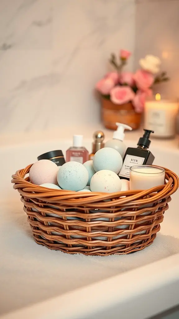 23+ Creative Valentine's Day Basket Ideas 8 A cozy wicker basket filled with colorful bath bombs, lotions, and a candle, set for a spa day at home.