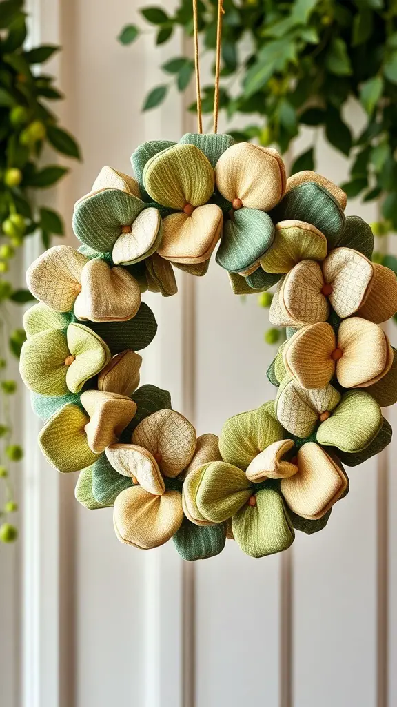 A fabric shamrock wreath in shades of green and yellow, hanging decoratively.