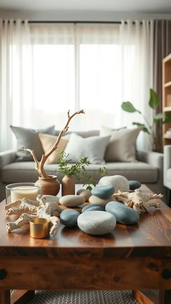 A coffee table decorated with smooth stones, coral pieces, and a branch, creating a nature-inspired decor.