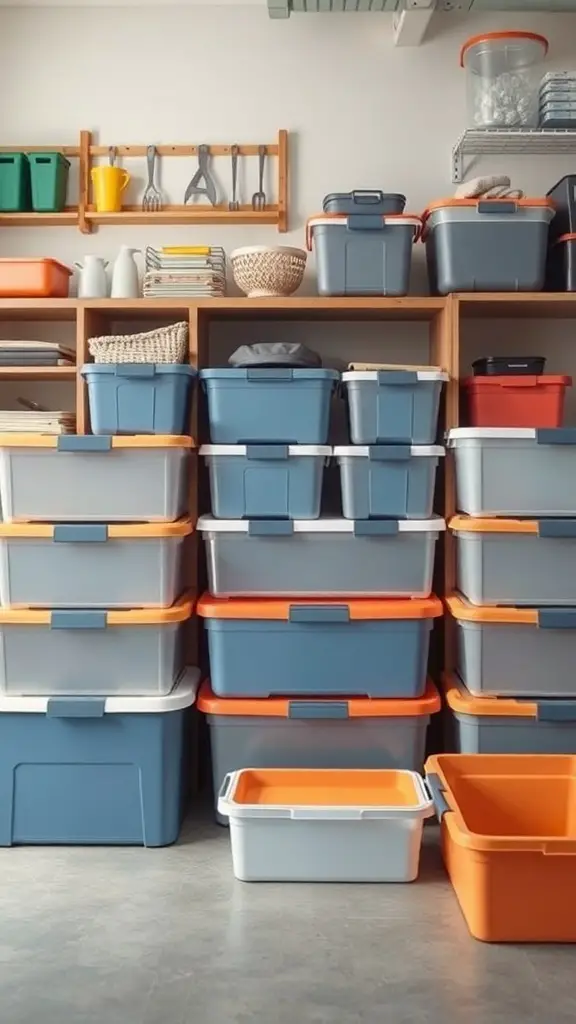 A collection of plastic storage boxes in various sizes and colors, neatly organized on shelves.
