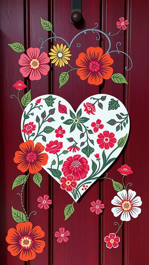 A stenciled floral heart door hanger with colorful flowers on a red door.