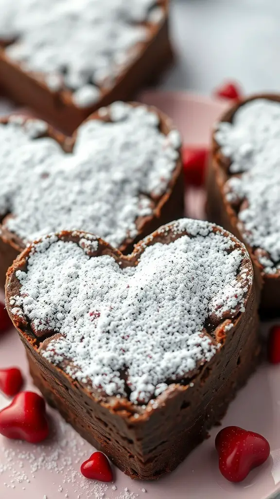 Heart-shaped brownies dusted with powdered sugar, surrounded by small red heart candies.
